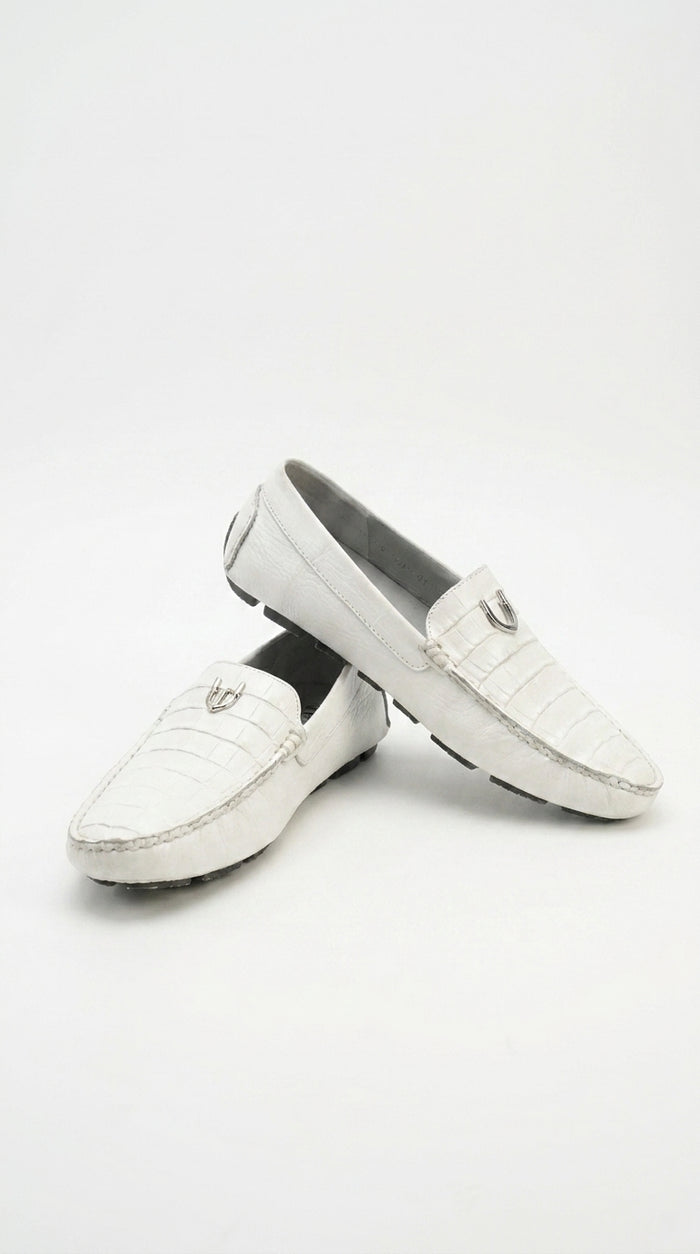 Men’s White Vestigium Genuine Caiman Belly Loafers, Alligator Style Dress Shoes