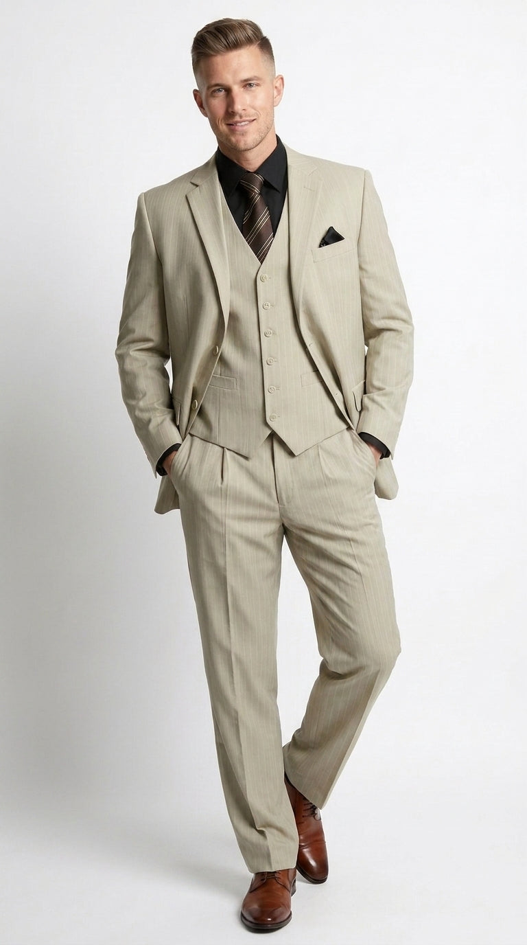 Men’s Tan Beige Pinstripe 3 Piece Vested Suit, 2 Button Formal Wedding Business Dress Suit