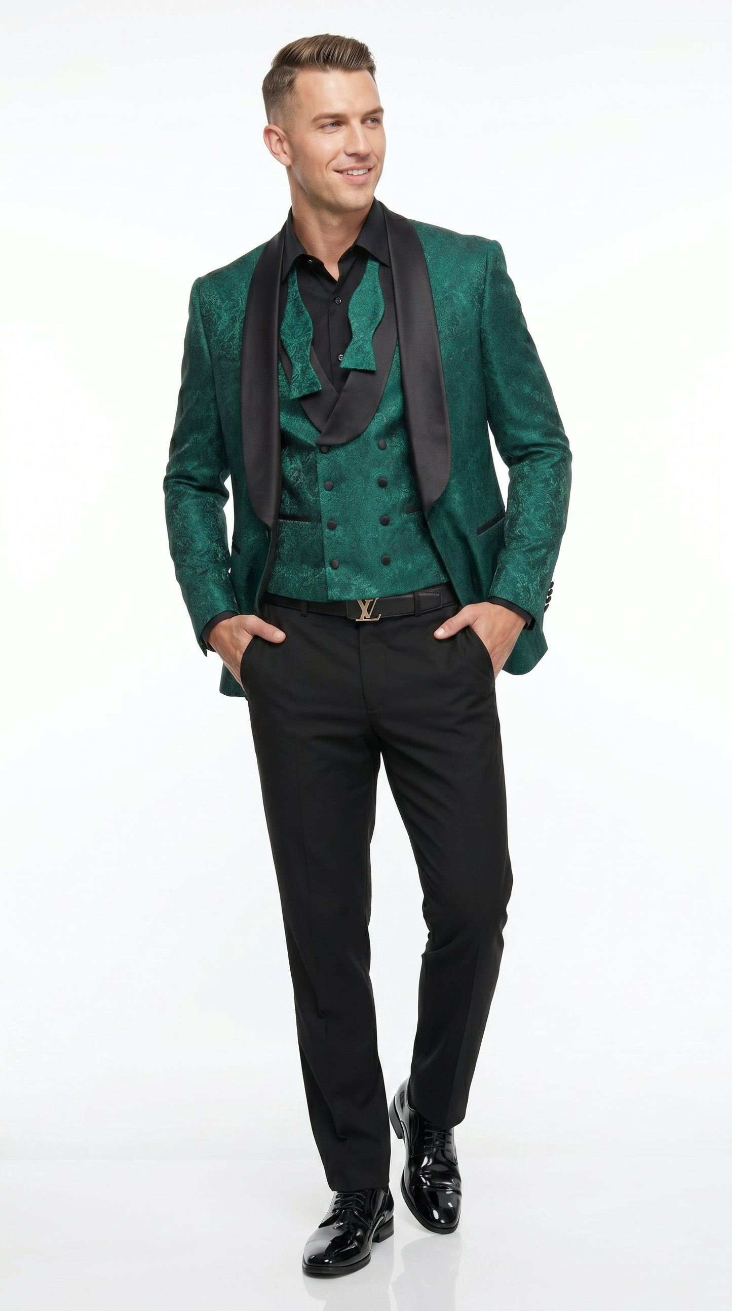 Men’s Hunter Green Textured Pattern  Suit with Black Shawl Lapel, Formal Wedding Prom Suit Modern Fit