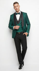 Men’s Hunter Green Textured Pattern  Suit with Black Shawl Lapel, Formal Wedding Prom Suit Modern Fit