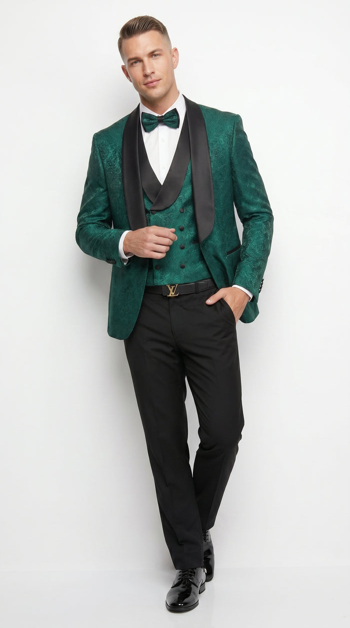 Men’s Hunter Green Textured Pattern  Suit with Black Shawl Lapel, Formal Wedding Prom Suit Modern Fit