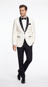 Men’s Ivory Wedding Suit with Black Satin Lapels – Groom Formal Suit Jacket and Pants