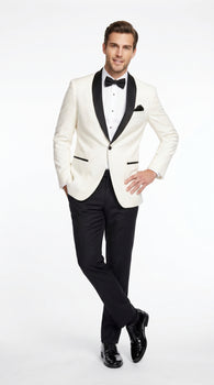 Men’s Ivory Wedding Suit with Black Satin Lapels – Groom Formal Suit Jacket and Pants