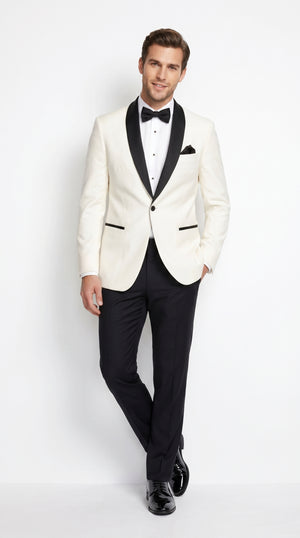 Men’s Ivory Wedding Suit with Black Satin Lapels – Groom Formal Suit Jacket and Pants