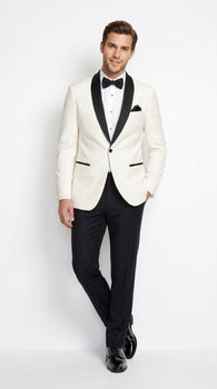 Men’s Ivory Wedding Suit with Black Satin Lapels – Groom Formal Suit Jacket and Pants
