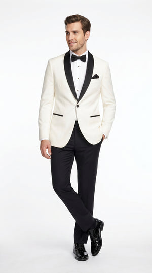 Men’s Ivory Wedding Suit with Black Satin Lapels – Groom Formal Suit Jacket and Pants