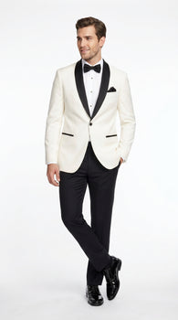 Men’s Ivory Wedding Suit with Black Satin Lapels – Groom Formal Suit Jacket and Pants