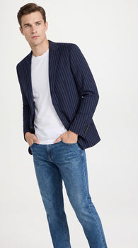 Men’s Navy Blue Chalk Pinstripe Blazer Sport Coat – 1920s Gangster Style Dress Jacket
