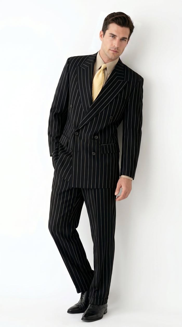 Men’s Black Pinstripe Double Breasted Suit, Super 120s Acrylic Rayon Formal Dress Suit Modern Fit