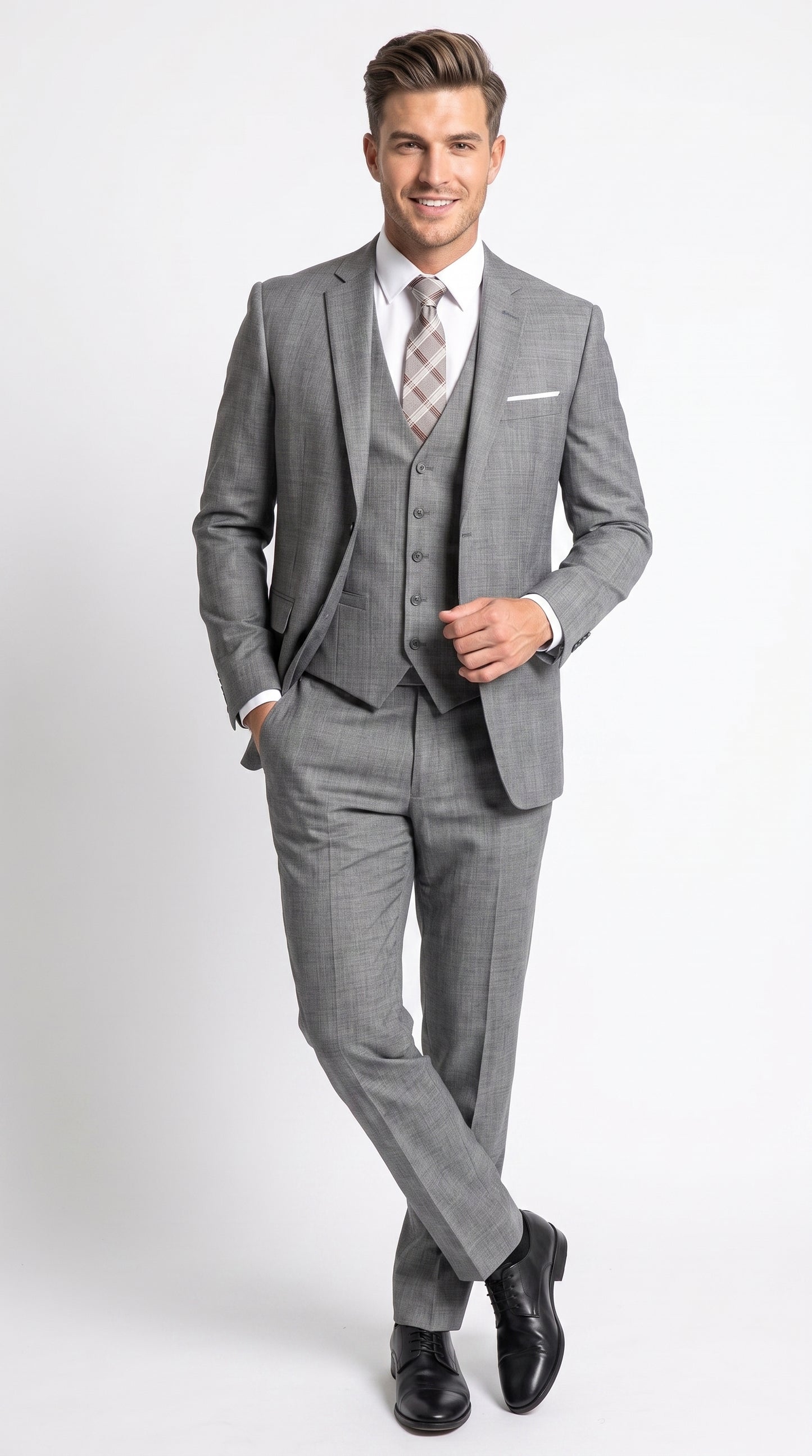 Men’s Charcoal Grey Windowpane Plaid 3 Piece Suit, 2 Button Vested Formal Dress Suit