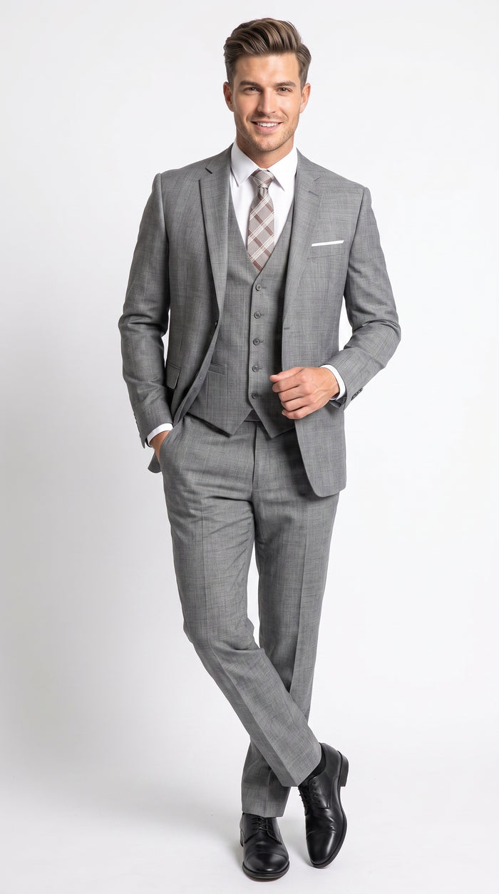 Men’s Charcoal Grey Windowpane Plaid 3 Piece Suit, 2 Button Vested Formal Dress Suit