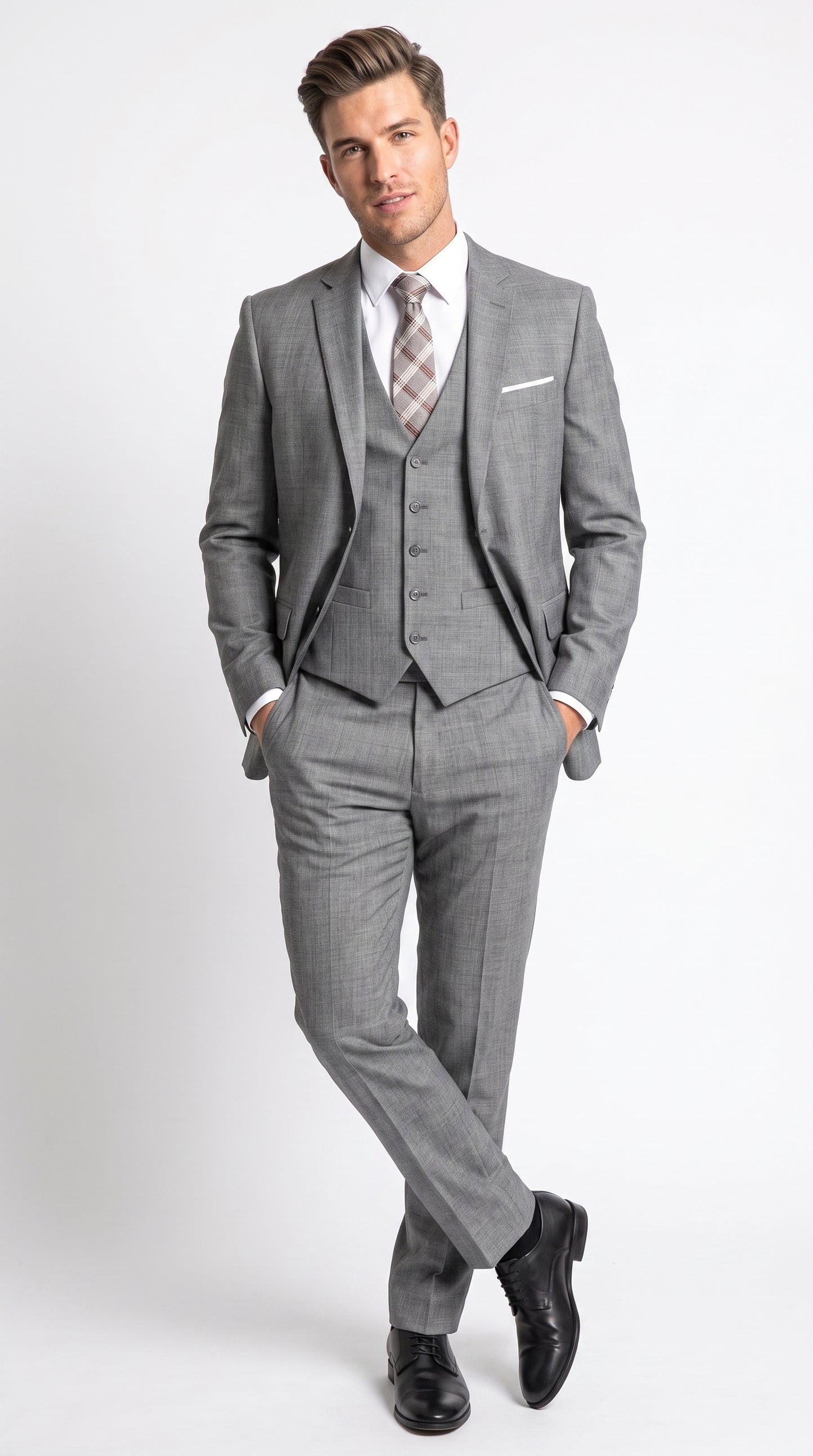 Men’s Charcoal Grey Windowpane Plaid 3 Piece Suit, 2 Button Vested Formal Dress Suit