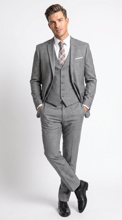 Men’s Charcoal Grey Windowpane Plaid 3 Piece Suit, 2 Button Vested Formal Dress Suit