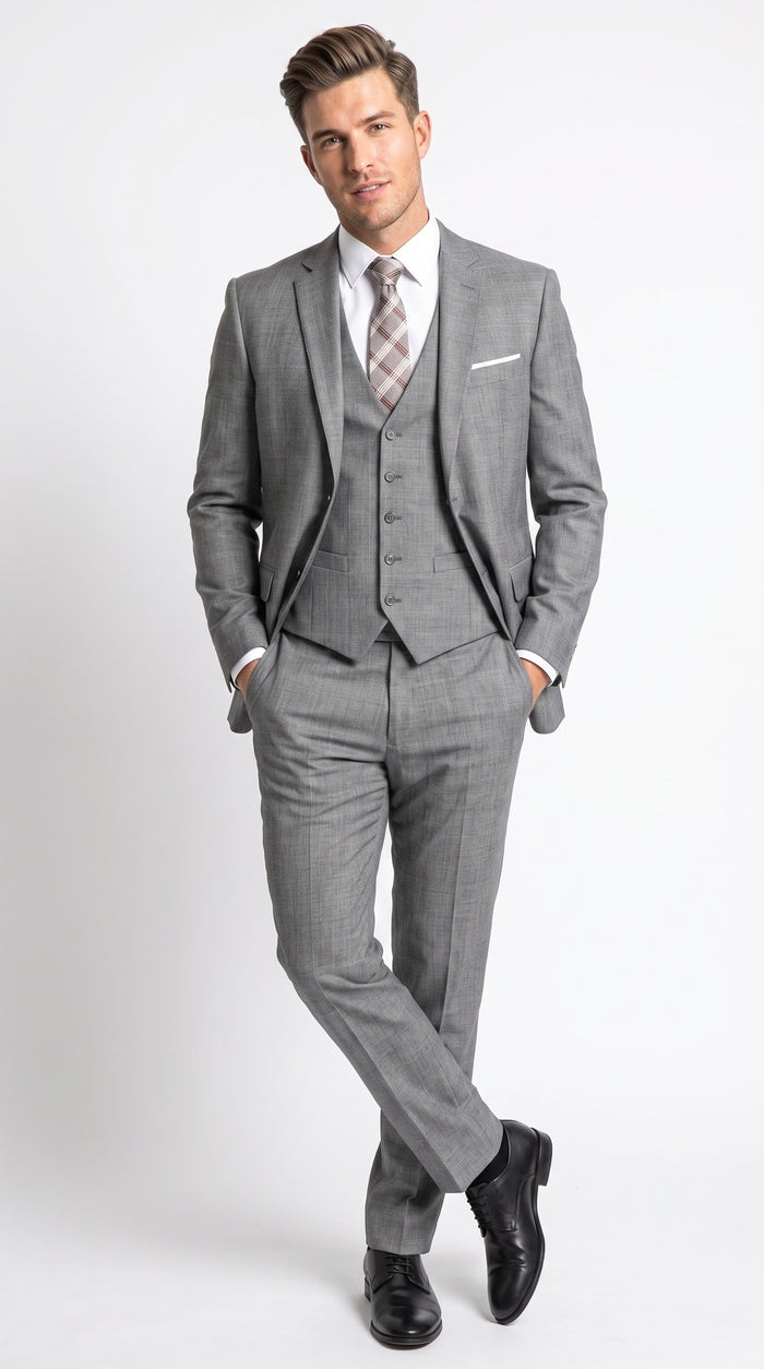 Men’s Charcoal Grey Windowpane Plaid 3 Piece Suit, 2 Button Vested Formal Dress Suit