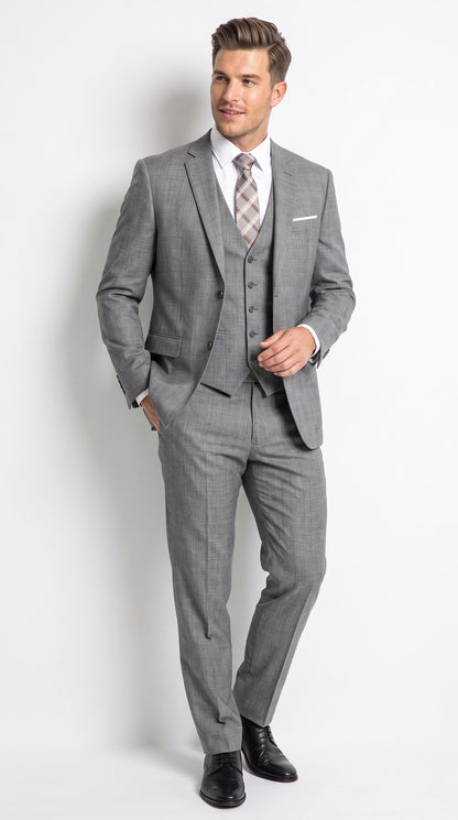 Men’s Charcoal Grey Windowpane Plaid 3 Piece Suit, 2 Button Vested Formal Dress Suit