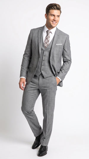 Men’s Charcoal Grey Windowpane Plaid 3 Piece Suit, 2 Button Vested Formal Dress Suit