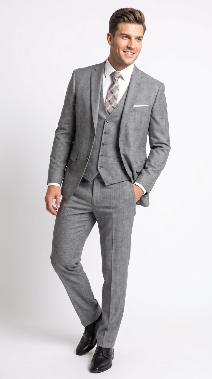 Men’s Charcoal Grey Windowpane Plaid 3 Piece Suit, 2 Button Vested Formal Dress Suit