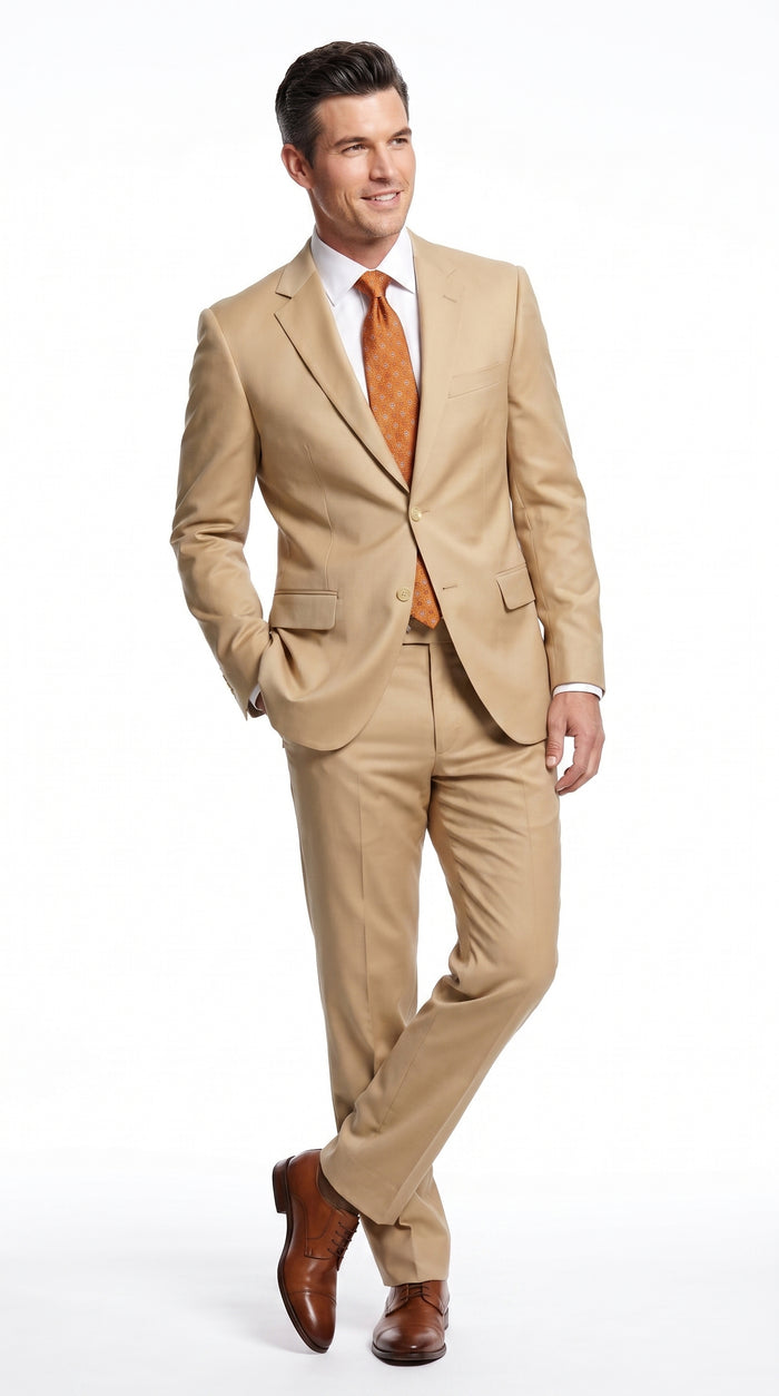 Men’s Bronze Camel Khaki Portly Suit, 2 Button Executive Fit Formal Dress Suit