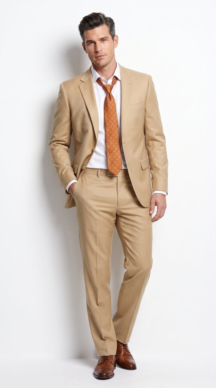 Men’s Bronze Camel Khaki Portly Suit, 2 Button Executive Fit Formal Dress Suit