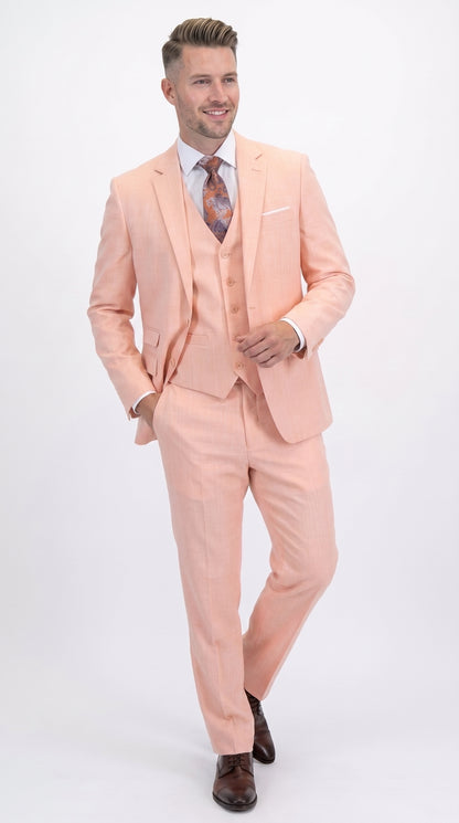 Men’s Peach Light Orange Blush 3 Piece Summer Suit with 2 Button Jacket and Ticket Pocket