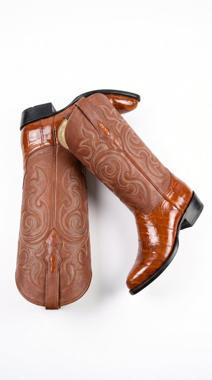 Men’s Cognac Eel Skin Western Boots, Exotic Cowboy Dress Boots for Ranch and Country Wear