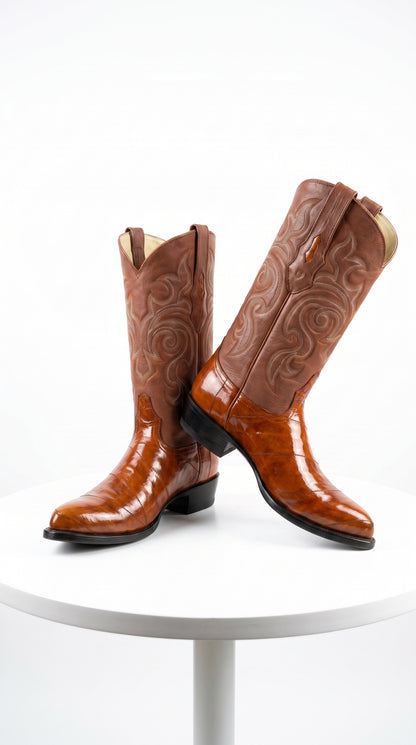 Men’s Cognac Eel Skin Western Boots, Exotic Cowboy Dress Boots for Ranch and Country Wear