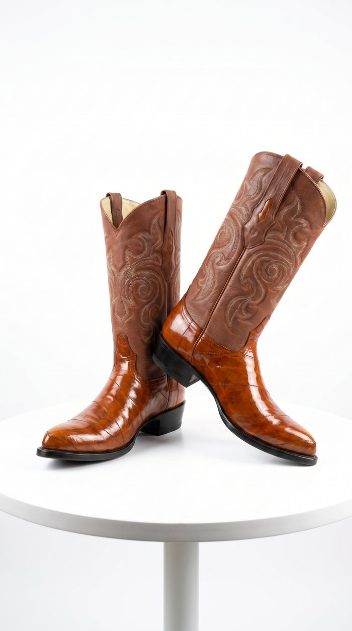Men’s Cognac Eel Skin Western Boots, Exotic Cowboy Dress Boots for Ranch and Country Wear
