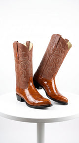 Men’s Cognac Eel Skin Western Boots, Exotic Cowboy Dress Boots for Ranch and Country Wear