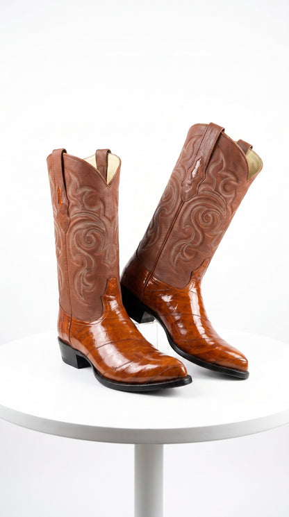 Men’s Cognac Eel Skin Western Boots, Exotic Cowboy Dress Boots for Ranch and Country Wear