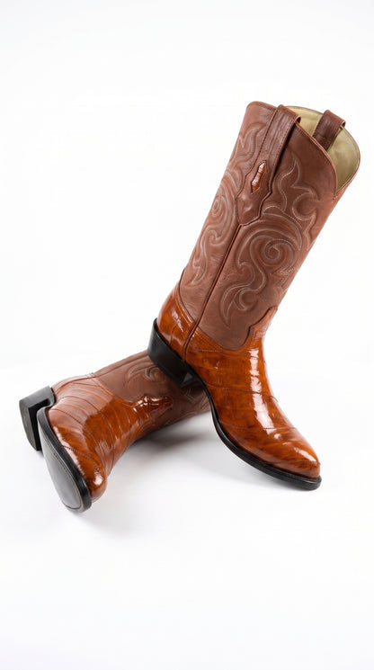 Men’s Cognac Eel Skin Western Boots, Exotic Cowboy Dress Boots for Ranch and Country Wear