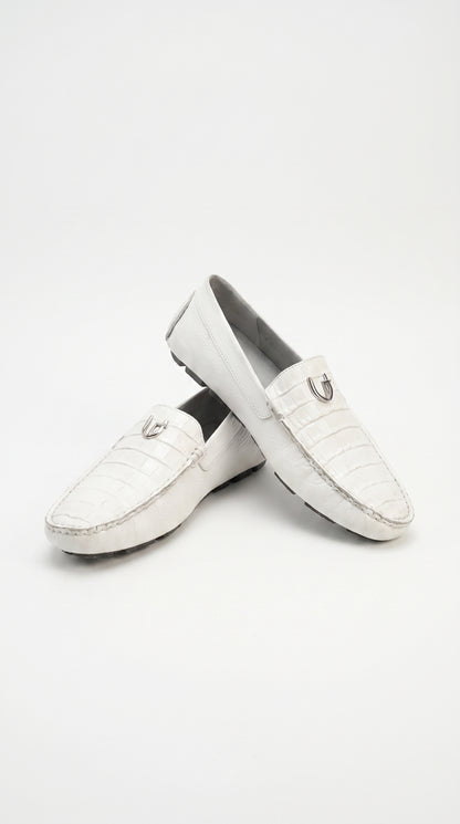 Men’s White Vestigium Genuine Caiman Belly Loafers, Alligator Style Dress Shoes