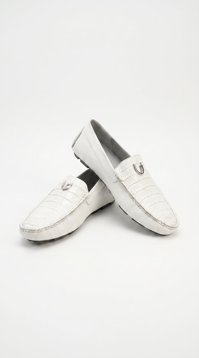 Men’s White Vestigium Genuine Caiman Belly Loafers, Alligator Style Dress Shoes