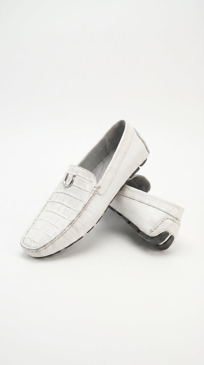 Men’s White Vestigium Genuine Caiman Belly Loafers, Alligator Style Dress Shoes