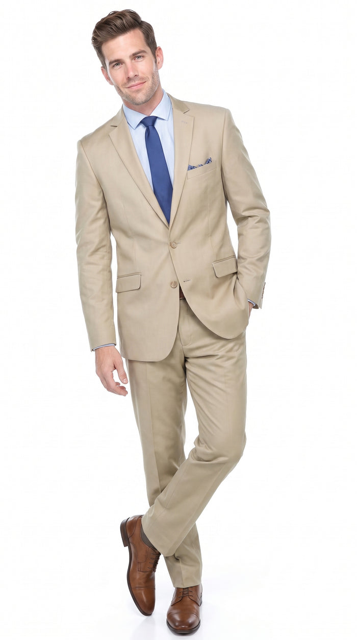 Renoi Designer 203-11 Men’s Light Tan 2 Piece Suit, Single Breasted Notch Lapel Formal Dress Suit Modern Fit