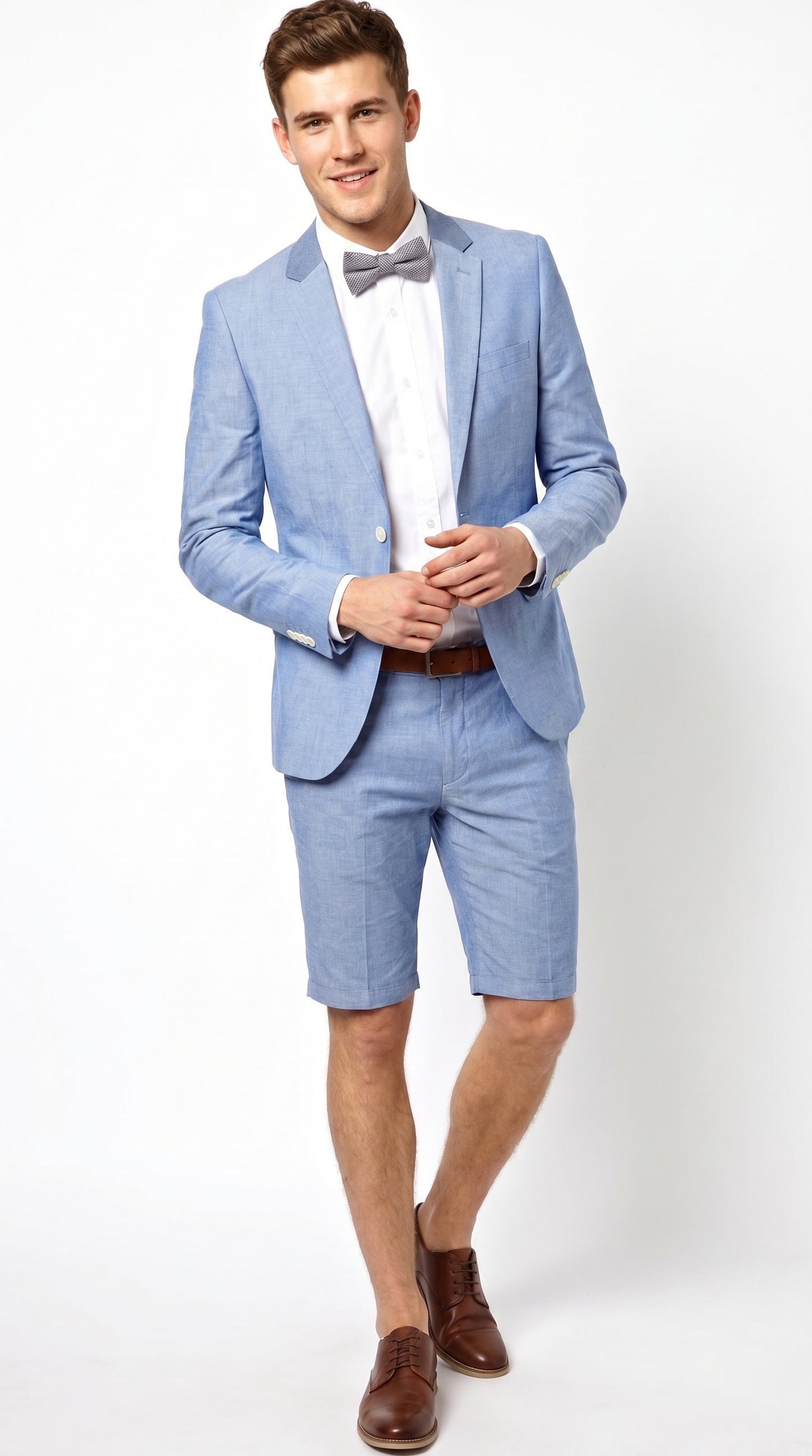 Men’s Light Blue Short Pants Suit Set, 2 Button Summer Wedding Prom Outfit