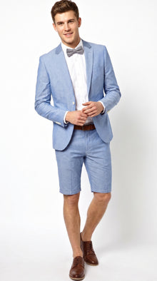 Men’s Light Blue Short Pants Suit Set, 2 Button Summer Wedding Prom Outfit