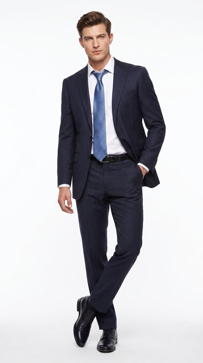 Men’s Dark Navy Pinstripe 2 Button Suit, Side Vent Back Formal Business Dress Suit