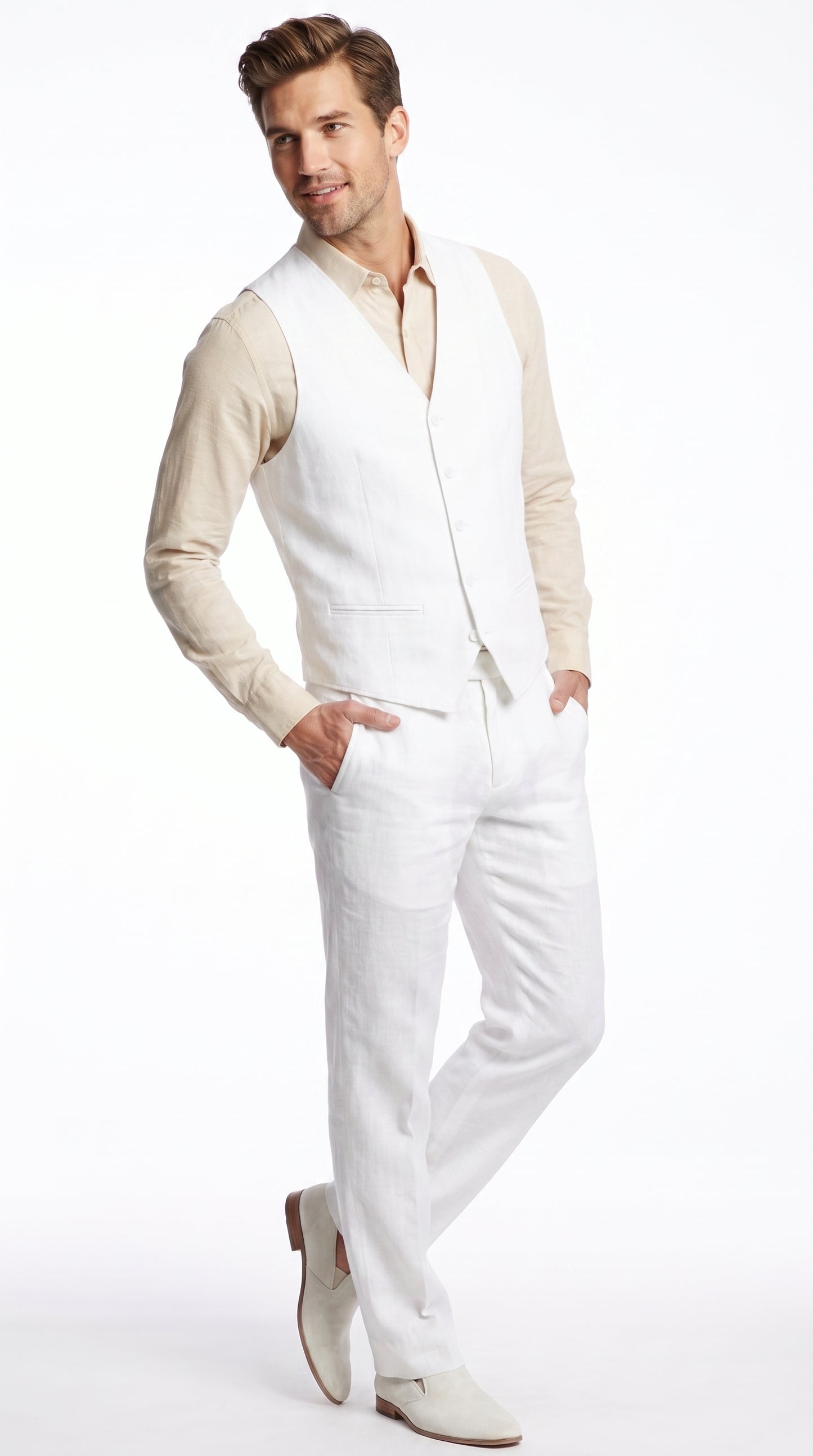 Men'S Beach WeddinMen’s White Linen Beach Wedding Vest and Pants Set, Formal Waistcoat Tuxedo Outfitg Tuxedo Linen Dress Tuxedo Wedding Men'S Vest ~ Waistcoat ~ Waist Coat & Pants