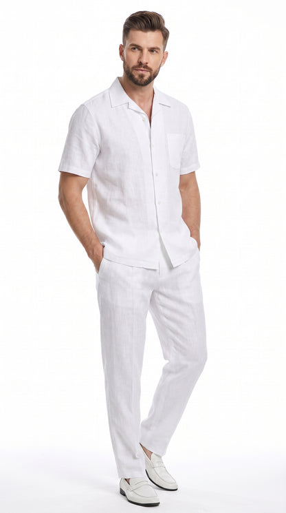 Men’s White 100% Linen Walking Suit, Short Sleeve Shirt and Pleated Pants Casual Two Piece Set