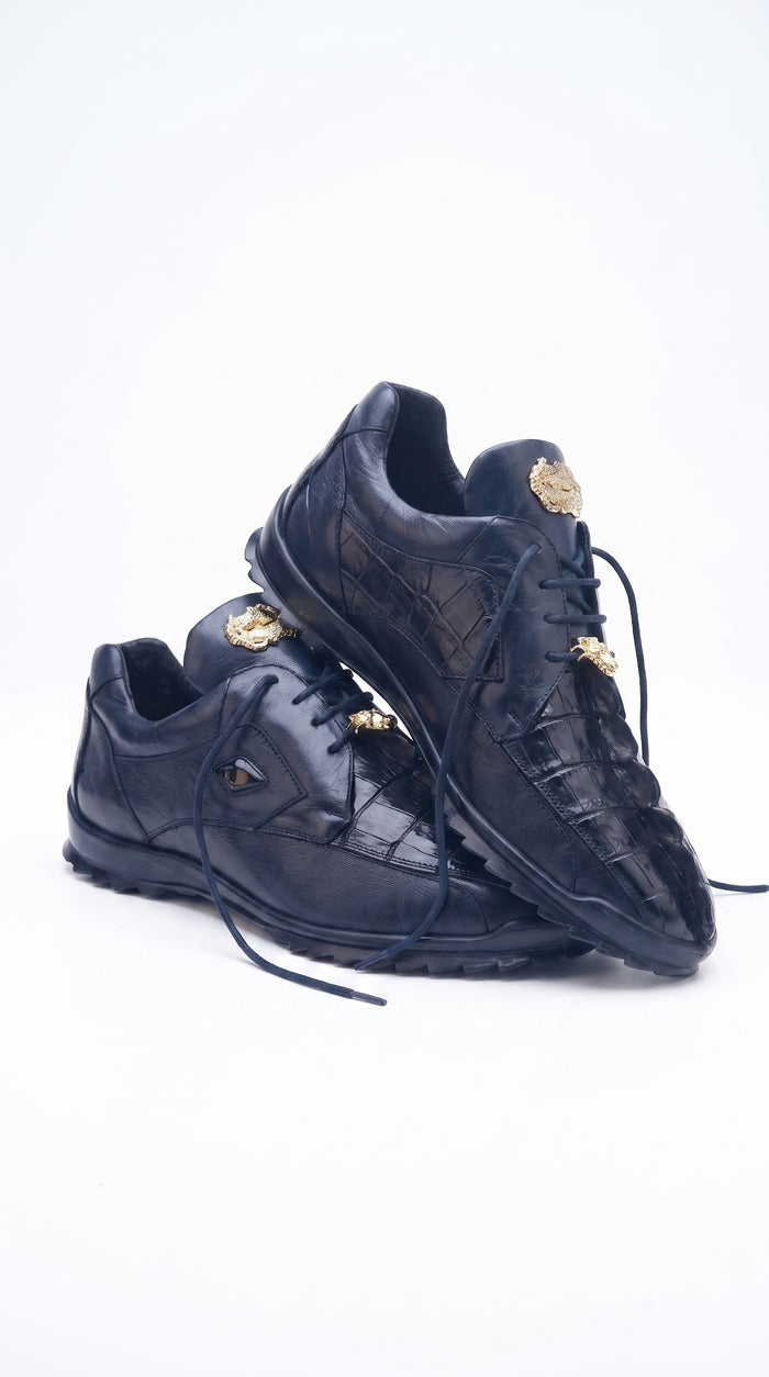 Belvedere Men’s Blue Hornback Gator Sneaker, Vasco 336122 Exotic Casual Dress Shoes