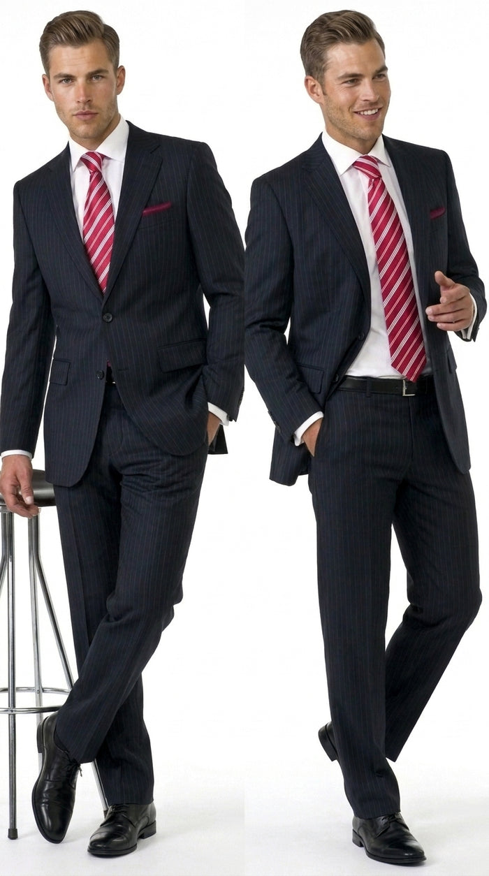 Men’s Black Pinstripe 2 Button Business Suit, Affordable 2 Piece Formal Dress Suit Clearance Sale