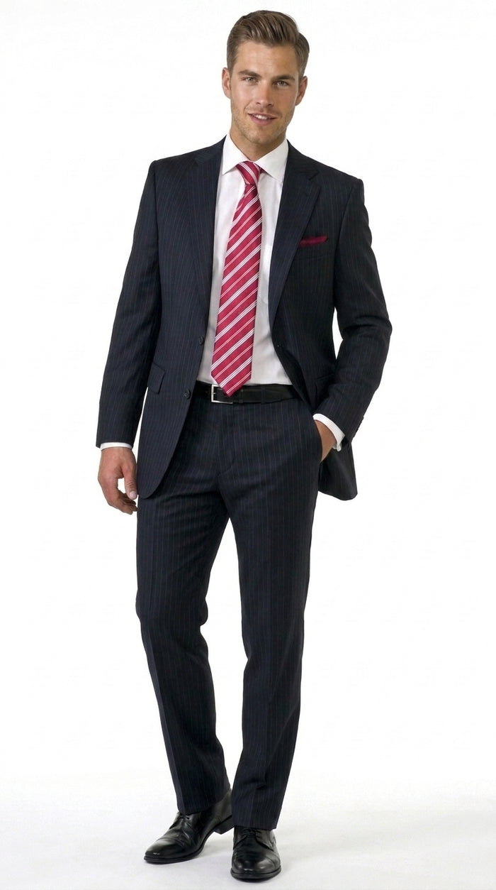 Men’s Black Pinstripe 2 Button Business Suit, Affordable 2 Piece Formal Dress Suit Clearance Sale