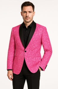 Men’s Hot Pink Tuxedo Suit With Black Pants Paisley Patter with Black Shawl Lapel - Fuchsia Color Prom Suit