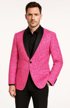 Men’s Hot Pink Paisley Tuxedo Blazer with Black Shawl Lapel Fuchsia Color Dinner Jacket Perfect for Prom