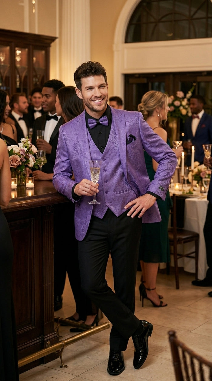 Men’s Purple Paisley Prom Tuxedo Suit, Wedding Floral Jacket with Matching Vest and Pants