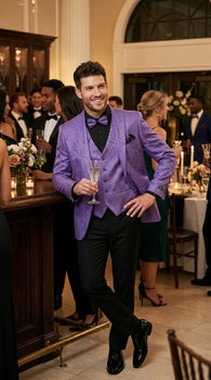 Men’s Purple Paisley Prom Tuxedo Suit, Wedding Floral Jacket with Matching Vest and Pants