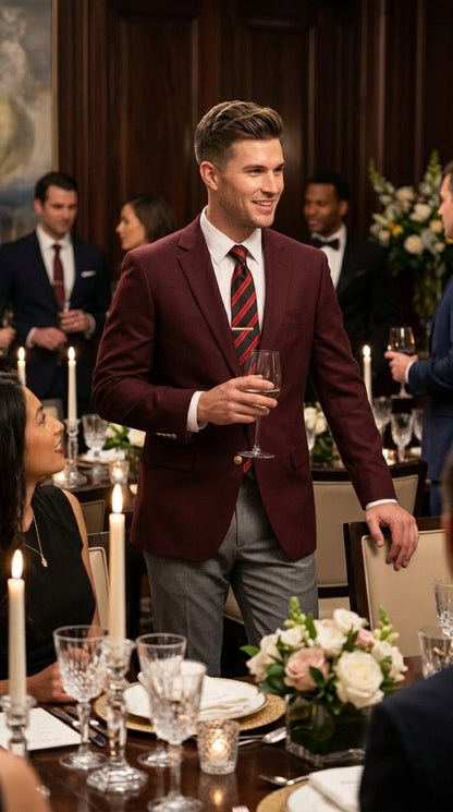 Men’s Burgundy Maroon Wine 2 Button Blazer, Classic Business Casual Wedding Sport Coat Jacket
