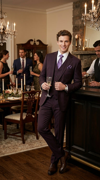 Men’s Very Dark Purple Plum Eggplant 3 Piece Suit, Classic Vested 2 Button Wedding Business Suit Set