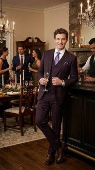 Men’s Very Dark Purple Plum Eggplant 3 Piece Suit, Classic Vested 2 Button Wedding Business Suit Set