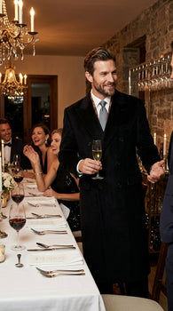 Men’s Black Six Button Fully Lined Overcoat, Long Winter Topcoat for Formal Business Wear
